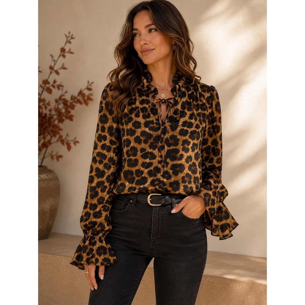 NWT Chic Leopard Print Ruffle Bell Sleeve Statement Blouse Feminine Top Sz L